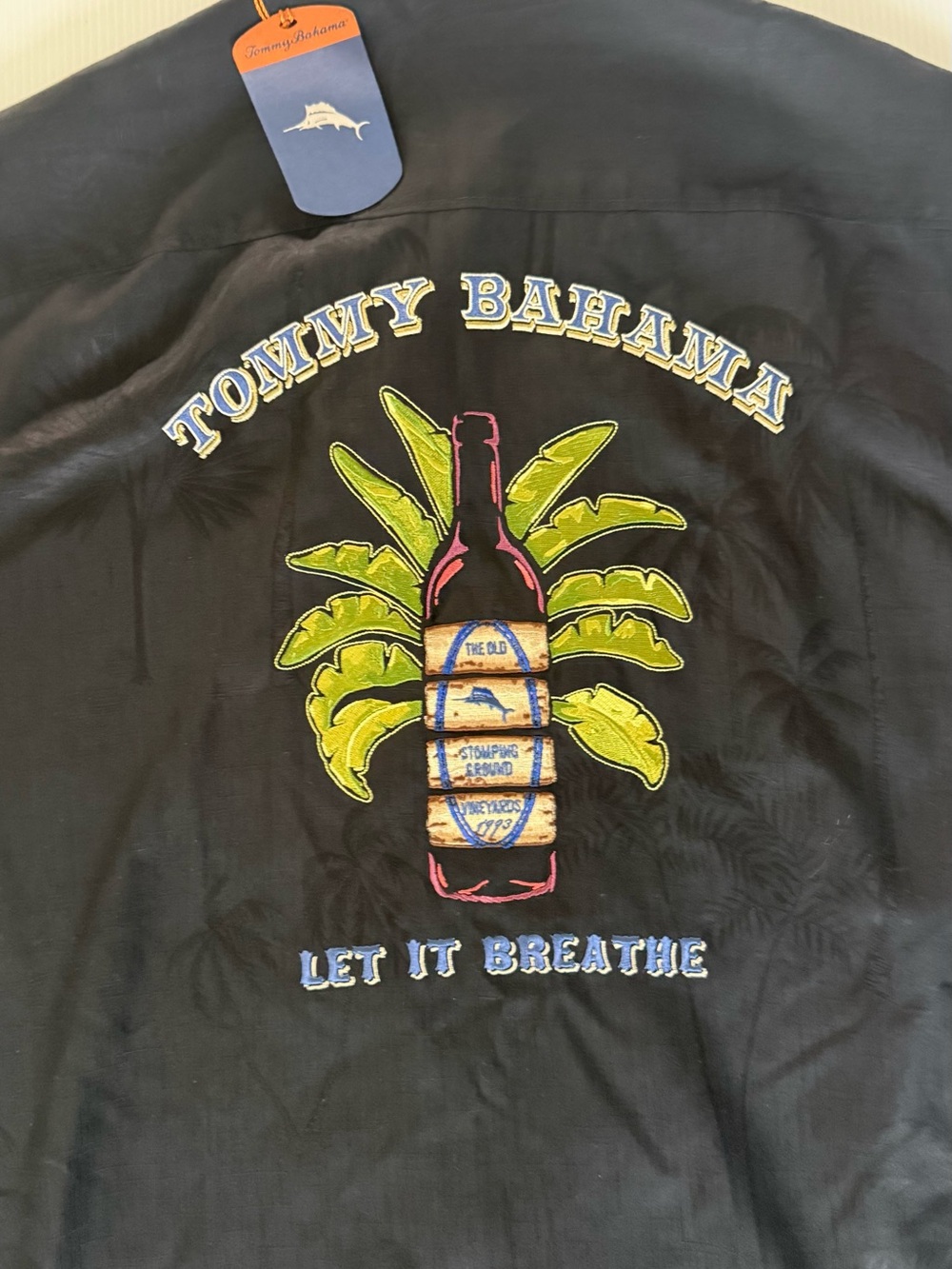 TOMMY BAHAMA Embroidered 100% Silk Black Button-Up Shirt ‘Let it Breathe’ Size M - Picture 2 of 8